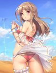  1girl arabian_clothes ass breasts brown_hair clouds cloudy_sky commentary_request cowboy_shot desert jewelry long_hair looking_back one_side_up original red_eyes sand-rain sasaame sky solo 