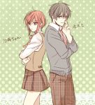  1boy 1girl alternate_costume back-to-back black_hair cardigan character_name crossed_arms datte_waka from_side necktie nezumi_(no.6) no.6 pants plaid plaid_pants plaid_skirt pleated_skirt red_eyes redhead safu school_uniform short_hair skirt translated vest 