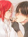  1boy 1girl black_hair datte_waka eye_contact face-to-face gloves hand_holding hetero looking_at_another nezumi_(no.6) no.6 red_eyes redhead safu short_hair traditional_media turtleneck watercolor_(medium) 