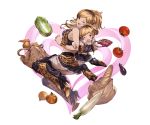  2girls back-to-back bag blonde_hair boots bracelet bread breasts brown_eyes brown_hair carrot cleavage earrings fangs food full_body fur_trim granblue_fantasy hair_ornament hairclip heart high_heel_boots high_heels jewelry long_hair midriff minaba_hideo miniskirt mother_and_daughter multicolored_hair multiple_girls navel nene_(granblue_fantasy) official_art one_eye_closed ponytail skirt thigh-highs tomato v yae_(granblue_fantasy) 
