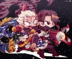  1boy 1girl artist_name balurga blue_eyes boots brown_hair cape dark_skin earrings facial_mark granblue_fantasy gun harbin heart heart-shaped_pupils highres jewelry mask mask_on_head mechanical_arm multicolored_hair open_mouth pointy_ears red_eyes scarf sizma skull_(granblue_fantasy) symbol-shaped_pupils teeth tongue tongue_out two-tone_hair weapon white_hair 