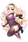  1girl :o angry artist_request bare_shoulders belt black_boots black_gloves black_shorts blonde_hair boots bra breasts brown_legwear choker cleavage covered_navel cow_horns elbow_gloves fingerless_gloves garter_straps gloves highres horns lindsey_(soccer_spirits) long_hair looking_at_viewer medium_breasts official_art open_mouth pointing purple_bra see-through shorts soccer_spirits solo standing standing_on_one_leg thigh-highs underwear very_long_hair violet_eyes 