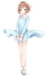  1girl arms_at_sides bangs blue_dress blunt_bangs blush bob_cut brown_hair dress eyebrows_visible_through_hair full_body green_eyes light_smile mary_janes original parted_lips shoes short_hair simple_background socks solo standing usamito white_background white_legwear 