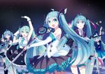  5girls absurdres ahoge aqua_eyes aqua_hair arm_up detached_sleeves dress gloves hat hatsune_miku highres long_hair magical_mirai_(vocaloid) microphone multiple_girls musical_note necktie one_eye_closed open_mouth pantyhose siji_(szh5522) skirt smile thigh-highs thigh_strap top_hat twintails very_long_hair vocaloid 