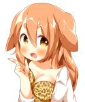  1girl :d animal_ears animal_print blush bra breast_press breasts brown_eyes brown_hair collarbone collared_shirt dog_ears fang gau_(n00_shi) hair_between_eyes highres index_finger_raised leopard_print long_hair looking_at_viewer medium_breasts open_clothes open_mouth open_shirt original shirt smile solo thick_eyebrows underwear upper_body white_shirt wing_collar 