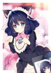  1girl animal_ears bell black_dress black_hair blue_eyes blurry blush bow bowtie cat_ears closed_mouth cyan_(show_by_rock!!) depth_of_field dress drill_hair frilled_dress frills hairband jingle_bell lolita_hairband long_sleeves looking_at_viewer necomi_(gussan) paw_pose pink_bow pink_bowtie show_by_rock!! 