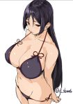  1girl arms_behind_back bangs black_eyes black_hair blush breasts cleavage collarbone cowboy_shot fate/grand_order fate_(series) from_above from_side hips large_breasts long_hair minamoto_no_raikou_(fate/grand_order) navel obmas_(pfeito) original parted_bangs pink_lips shiny shiny_hair shiny_skin sidelocks simple_background skindentation solo standing stomach string_bikini thighs twitter_username very_long_hair white_background 