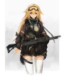  1girl bandolier blonde_hair cowboy_shot girls_frontline goggles goggles_on_head green_eyes gun jacket long_hair looking_at_viewer m1918_bar m1918_bar_(girls_frontline) machine_gun scarf scope smile solo thigh-highs unitsu very_long_hair weapon white_legwear 