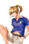  1boy asino belt blonde_hair brown_eyes hands_in_pockets highres jayce_(soccer_spirits) jewelry key long_hair looking_at_viewer male_focus navel necklace official_art polo_shirt ponytail shorts smile soccer_spirits watch watch 