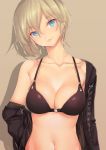  1girl anastasia_(idolmaster) arm_at_side bare_shoulders bikini_top black_bikini_top black_jacket blonde_hair blush breasts brown_background cleavage closed_mouth clothes_writing collarbone commentary eleaclarisse eyebrows_visible_through_hair hair_between_eyes head_tilt highres idolmaster idolmaster_cinderella_girls jacket lips medium_breasts navel off_shoulder pink_lips shiny shiny_skin short_hair simple_background solo stomach tsurime upper_body 