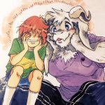  1boy androgynous asriel_dreemurr blue_eyes chara_(undertale) child closed_eyes green_shirt grin haramushi highres horns indian_style monster_boy shirt shorts sitting sitting_on_lap sitting_on_person smile socks spoilers striped striped_shirt t-shirt undertale 