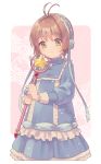  1girl antenna_hair blush card_captor_sakura fuuin_no_tsue green_eyes kinomoto_sakura looking_at_viewer magical_girl short_hair smile uso_(ameuzaki) wand 