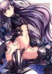  1girl armor armored_boots bangs black_ribbon blue_eyes blush boots closed_mouth crotch_plate fate/extra fate/extra_ccc fate_(series) flat_chest from_side groin hair_ribbon light_smile long_hair long_sleeves looking_at_viewer looking_to_the_side meltlilith navel okusan4645 purple_hair revealing_clothes ribbon solo stomach thigh-highs thigh_boots very_long_hair 