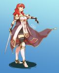  1girl boots celica_(fire_emblem) fingerless_gloves fire_emblem fire_emblem_echoes:_mou_hitori_no_eiyuuou fire_emblem_gaiden gloves highres holding holding_sword holding_weapon redhead smile solo sword thigh-highs weapon 