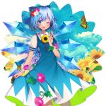  1girl ;d ahoge bangs blue_dress blue_eyes blue_hair blue_ribbon blush bow breasts butterfly cirno clouds collarbone collared_shirt cowboy_shot dress eyebrows_visible_through_hair flower frilled_shirt_collar frills hair_between_eyes hair_bow hand_up hidden_star_in_four_seasons highres ice ice_wings ivy koto_seori lace lace-trimmed_collar lace-trimmed_sleeves lace_trim leaf legs_apart looking_at_viewer neck_ribbon one_eye_closed open_mouth pink_flower puffy_short_sleeves puffy_sleeves purple_flower red_ribbon ribbon see-through shirt short_hair short_sleeves skirt_hold sky small_breasts smile solo standing sunflower touhou v white_shirt wings yellow_flower 