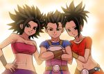  bike_shorts bracelet caulifla dragon_ball dragon_ball_super earrings hoop_earrings jadenkaiba jewelry kale_(dragon_ball) kyabe midriff muscle navel red_skirt skirt spiky_hair strapless tubetop 