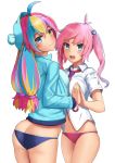  2girls absurdres ahoge aqua_hair ass asymmetrical_docking blonde_hair blouse blue_panties breast_press breasts butt_crack cowboy_shot from_behind hair_between_eyes hands_clasped height_difference heterochromia highres jacket large_breasts long_hair looking_at_viewer medium_breasts multicolored_hair multiple_girls open_mouth panties picarto.tv pink_hair pink_panties soil_chopsticks thighs track_jacket twintails underwear very_long_hair wavy_hair white_blouse 