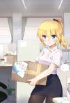  1girl absurdres black_legwear blonde_hair blue_eyes box carrying cowboy_shot highres ira_(zhan_jian_shao_nyu) long_hair looking_at_viewer miniskirt office pantyhose pencil_skirt shirt skirt smile solo ze_(wzfnn001) zhan_jian_shao_nyu 