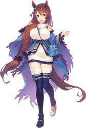  1girl animal_ears artist_request bag between_breasts blue_eyes breasts brown_hair detached_sleeves full_body hair_ornament hair_over_shoulder large_breasts long_hair navy_blue_legwear pleated_skirt ribbed_sweater shoulder_bag skirt smile solo standing standing_on_one_leg strap_cleavage sweater tail thigh-highs transparent_background umamusume very_long_hair zettai_ryouiki 