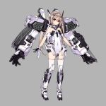  1girl armor bare_shoulders boots brown_hair covered_navel exoskeleton flat_chest gloves hair_ornament highres kuro_(kuronell) leotard long_hair mecha mechanical_arm original outstretched_arms red_eyes ribbon solo strapless strapless_leotard thigh-highs thigh_strap twintails white_legwear 