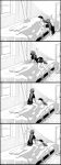  1boy 1girl 4koma absurdres barefoot bed blanket bookshelf comic greyscale headphones highres kurusu_akira long_hair monochrome persona persona_5 pillow sakura_futaba short_shorts shorts sitting sitting_on_person sleeping slippers slippers_removed translation_request under_covers waking_another window yonedamai 