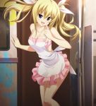  1girl :d apron arimura_hinae blonde_hair blue_eyes bra breasts chaos;child cleavage collarbone eyebrows_visible_through_hair finger_to_mouth floating_hair game_cg hair_ribbon head_tilt highres index_finger_raised long_hair looking_at_viewer medium_breasts naked_apron nearly_naked_apron official_art open_mouth pink_bra polka_dot polka_dot_bra ribbon sasaki_mutsumi sideboob smile solo twintails underwear very_long_hair white_ribbon 