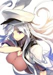  1girl breasts commentary_request eyebrows_visible_through_hair from_above gangut_(kantai_collection) gloves hand_on_shoulder hat hidori_(hibi_toridori) kantai_collection large_breasts long_hair looking_at_viewer military_hat peaked_cap short_sleeves silver_hair smile solo upper_body violet_eyes white_background 