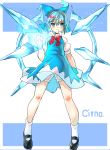  1girl absurdres arm_at_side bangs black_shoes bloomers blue_background blue_dress blue_eyes blue_fire blue_hair blush bow character_name cirno clenched_hand dress dress_lift energy fire full_body glowing glowing_hand hair_between_eyes hair_bow highres ice ice_wings kneesocks_senritsu legs looking_at_viewer powering_up puffy_short_sleeves puffy_sleeves serious shiny shiny_hair shoes short_dress short_sleeves sleeveless sleeveless_dress solo sparkle symbol touhou two-tone_background underwear white_background white_legwear wings 
