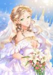  1girl bare_shoulders blonde_hair bouquet breasts choker cleavage cleavage_cutout dress earrings flower green_eyes highres jewelry kaminary long_hair looking_at_viewer original pointy_ears solo strapless strapless_dress tiara wedding_dress 