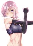  1girl :o bangs black_gloves breath elbow_gloves eyebrows_visible_through_hair fate/grand_order fate_(series) gloves hair_over_one_eye looking_at_viewer navel open_mouth purple_hair shielder_(fate/grand_order) short_hair simple_background solo sports_bra stretch tai_(nazutai) upper_body violet_eyes white_background 