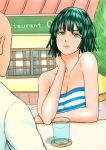  1boy 1girl absurdres arm arm_rest bald bare_arms bare_shoulders black_hair breasts cleavage closed_mouth collarbone cup dan_tetsuo drink fubuki_(one-punch_man) green_eyes hand_on_neck hand_on_own_neck highres large_breasts lips looking_at_viewer neck one-punch_man outdoors restaurant saitama_(one-punch_man) serious shiny shiny_hair short_hair solo_focus strapless striped striped_tubetop table tubetop upper_body water 