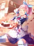  1girl absurdres apron closed_eyes gyakushuu_no_fantasica heart highres kneeling kokka_han messy messy_room open_mouth oven_mitts pink_hair short_hair sitting solo striped striped_legwear thigh-highs wariza 