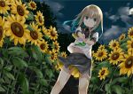  1girl bangs blonde_hair closed_mouth crying dutch_angle eyebrows_visible_through_hair field flower flower_field green_eyes green_hair grey_skirt gun handgun holding holding_gun holding_weapon kavka legs_apart long_hair looking_at_viewer multicolored_hair night original outdoors pistol pleated_skirt pointing pointing_at_viewer school_uniform serafuku short_sleeves skirt solo standing sunflower tears two-tone_hair weapon 