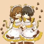  2girls alternate_costume animal_ears apron bangs black_legwear brown_background brown_eyes brown_hair choker closed_eyes closed_mouth cowboy_shot crossed_arms dress fake_animal_ears fake_tail freckles frilled_dress frills girls_und_panzer gloves headdress multiple_girls nakajima_(girls_und_panzer) oimo_mushi pose puffy_short_sleeves puffy_sleeves short_hair short_sleeves simple_background smile standing tail thigh-highs tsuchiya_(girls_und_panzer) w waitress white_gloves yellow_dress 