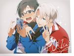  2boys black_hair blue-framed_eyewear blue_eyes blush brown_eyes cellphone copyright_name glasses jacket katsuki_yuuri loyalists male_focus multiple_boys one_eye_closed open_mouth phone silver_hair smartphone smile sparkle track_jacket v viktor_nikiforov yuri!!!_on_ice 