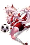  1girl animal_ears armband ball bike_shorts breasts cleavage floral_print full_body highres leg_wraps long_hair looking_back medium_breasts official_art open_mouth red_eyes red_shoes red_shorts ripa_(soccer_spirits) shoes shorts sneakers soccer_ball soccer_spirits solo tail tattoo white_hair 