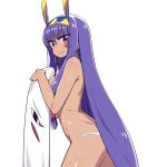  1girl blush breasts chan_co covering covering_breasts dark_skin earrings embarrassed eyebrows_visible_through_hair facial_mark fate/grand_order fate_(series) hairband jewelry long_hair looking_at_viewer medjed nitocris_(fate/grand_order) panties purple_hair shiny shiny_skin solo sweat topless underwear very_long_hair violet_eyes wavy_mouth white_panties 