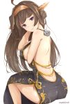  1girl ahoge alternate_costume artist_name ass bare_back breasts brown_hair china_dress chinese_clothes double_bun dress hairband headgear highres kantai_collection kongou_(kantai_collection) large_breasts long_hair simple_background smile solo takumin_(takumi415) violet_eyes white_background 