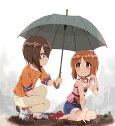  2girls alknasn brown_hair crying crying_with_eyes_open dirty girls_und_panzer injury mud multiple_girls nishizumi_maho nishizumi_miho pants rain shorts siblings sisters tank_top tears umbrella younger 