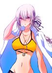  bikini blush braid breasts cleavage clothes_on_shoulders collarbone fate/grand_order fate_(series) florence_nightingale_(fate/grand_order) himo long_hair looking_at_viewer navel necktie purple_hair red_eyes simple_background swimsuit white_background yellow_bikini 