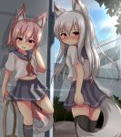  2girls absurdres animal_ears black_legwear blush brown_eyes brown_hair fox_ears fox_tail highres hotel01 kneehighs leg_lift long_hair looking_back midriff multiple_girls navel original outdoors rain red_eyes school_uniform serafuku shirt short_hair silver_hair skirt smile standing standing_on_one_leg tail thigh-highs wet wet_clothes wolf_ears wolf_tail zettai_ryouiki 