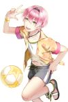  1boy :d ball black_shorts earrings green_eyes hairband hawaiian_shirt highres jewelry looking_at_viewer male_focus open_mouth pink_hair sage_(soccer_spirits) sandals shirt shorts smile soccer_ball soccer_spirits solo standing standing_on_one_leg star star_earrings tuuuh 