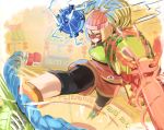  1girl absurdres arms_(game) bangs beanie bike_shorts blonde_hair boxing_gloves chinese_clothes facepaint food green_eyes hat highres legwear_under_shorts looking_at_viewer mask min_min_(arms) noodles short_hair shorts solo 
