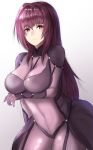  1girl bodysuit breasts covered_navel fate/grand_order fate_(series) gradient gradient_background highres large_breasts long_hair purple_bodysuit purple_hair rakam_(artist) red_eyes scathach_(fate/grand_order) sketch solo 