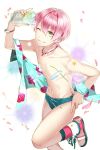  1boy ;) drinking_straw earrings green_eyes hairband hand_on_hip highres ice ice_cube jewelry looking_at_viewer male_swimwear midriff navel one_eye_closed petals pink_hair sage_(soccer_spirits) sandals shirtless smile soccer_spirits solo standing standing_on_one_leg star star_earrings swim_briefs swimwear tuuuh wet 