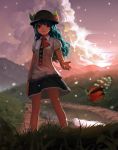  1girl :3 absurdres bad_id bad_pixiv_id black_hat blue_hair butterfly food fruit hat highres hinanawi_tenshi long_hair looking_at_viewer lu_ying peach red_eyes smile solo touhou 