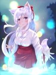  1girl animal_ears blush bow breasts brown_hair chita_(ketchup) commentary fox_ears glowing hair_bow japanese_clothes long_hair looking_at_viewer medium_breasts original ponytail red_skirt ribbon-trimmed_sleeves ribbon_trim skirt sky smile solo tagme white_hair wide_sleeves 