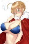  ... 1girl ahoge artoria_pendragon_lancer_(fate/grand_order) bangs bikini_top blonde_hair blue_bikini_top blush bouncing_breasts braid breasts cape cleavage closed_mouth collarbone embarrassed eyebrows_visible_through_hair fate/grand_order fate_(series) fingernails french_braid fur-trimmed_cape fur_trim green_eyes hair_between_eyes hair_bun hand_up highres large_breasts long_fingernails looking_at_viewer onineko-chan red_cape saber short_hair short_hair_with_long_locks sidelocks simple_background solo sweatdrop under_boob upper_body white_background 