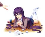  1girl candle doki_doki_literature_club envelope lying paper pen purple_hair satchely school_uniform shoes skirt violet_eyes yuri_(doki_doki_literature_club) 
