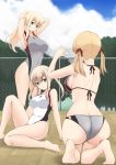  3girls alternate_hairstyle armpits arms_behind_head ass bikini bismarck_(kantai_collection) blonde_hair blue_eyes breasts butt_crack chain-link_fence collarbone competition_swimsuit covered_navel digital_camera eyebrows_visible_through_hair feet fence from_behind full_body fuuma_nagi graf_zeppelin_(kantai_collection) grey_background grey_swimsuit hair_between_eyes iron_cross kantai_collection large_breasts long_hair looking_at_viewer low_twintails medium_breasts multiple_girls no_hat no_headwear one-piece_swimsuit ponytail prinz_eugen_(kantai_collection) shadow side-tie_bikini sitting solo swimsuit twintails tying_hair white_swimsuit 